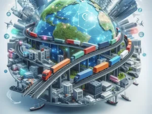 For-Freight Project in a futuristic representation of global logistics with the earth surrounded by a circular infrastructure, with means of transport, highlighting interconnected transport systems