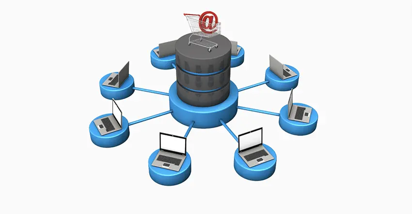 Uma imagem 3D de uma torre de computador com laptops, mostrando vendas online e bancos de dados.