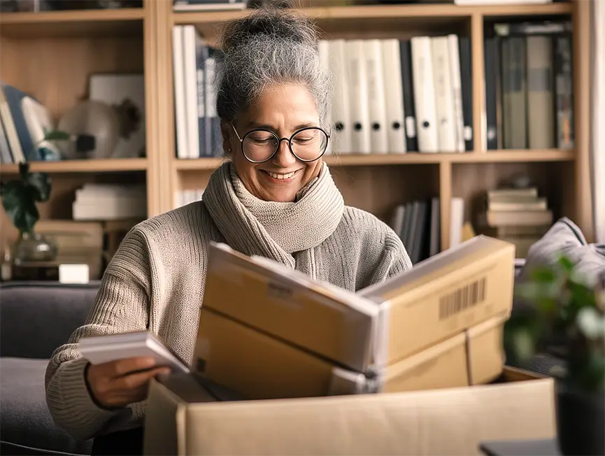 A smiling older woman with grey hair and glasses, wearing a beige jumper, opens a box delivered to her house. She stands in front of a bookcase full of books. A soft light illuminates the scene in an atomosphere of customer satisfaction served by fulfilment in Portugal.