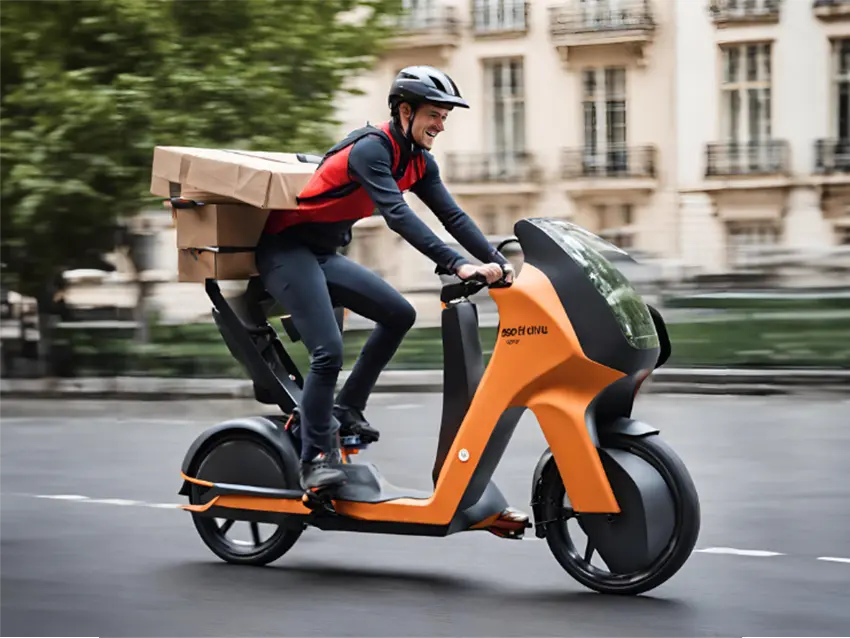 A man riding an electric-powered scooter with boxes.